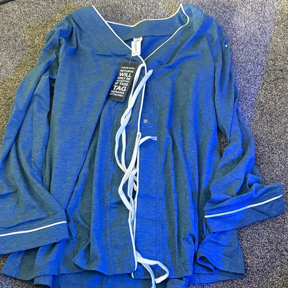 2 Piece Pajamas Set Blue Long Sleeve Top with White Trim with the Blue pants
